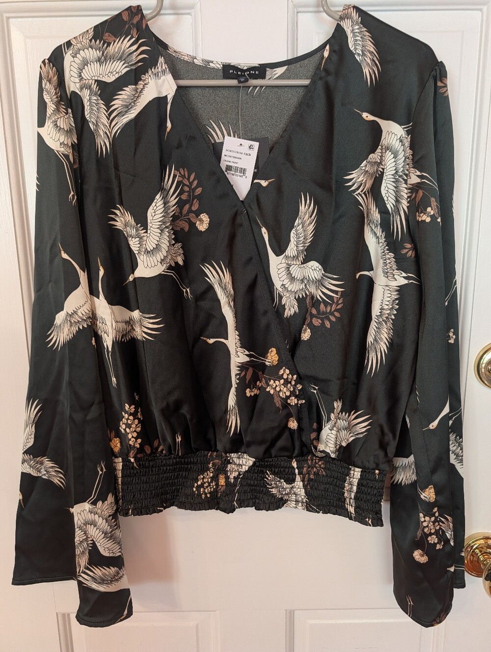 NWT Pleione Crane Print Faux Wrap Blouse Women's XL Kimono Sleeve Top - Picture 2 of 7